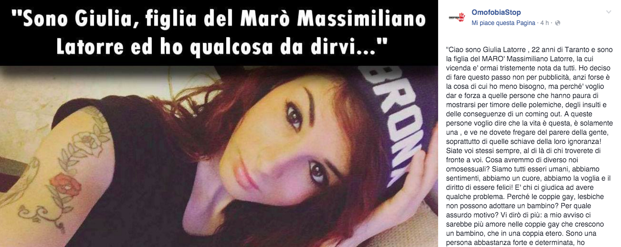 Giulia Latorre, figlia del militare Massimiliano Latorre, ha fatto coming out