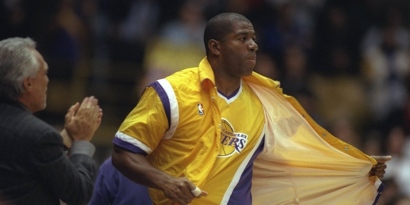 Magic Johnson nella partita Lakers contro Warriors del 20 gennaio 1996 (ALLSPORT USA)