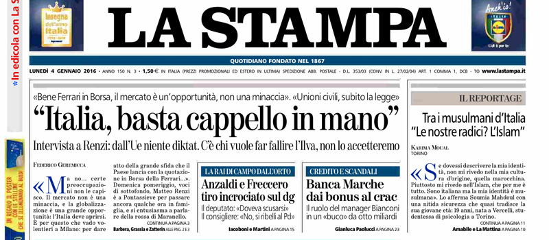 Le prime pagine di lunedì 4 gennaio 2016