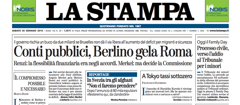 Le prime pagine di sabato 30 gennaio 2016