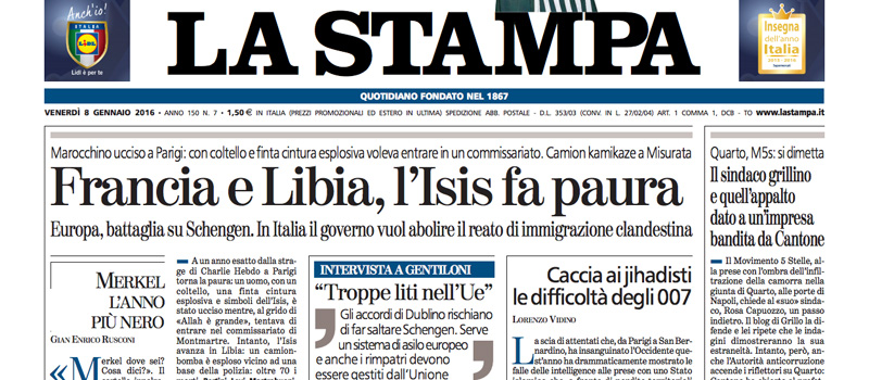 Le prime pagine di venerdì 8 gennaio 2016