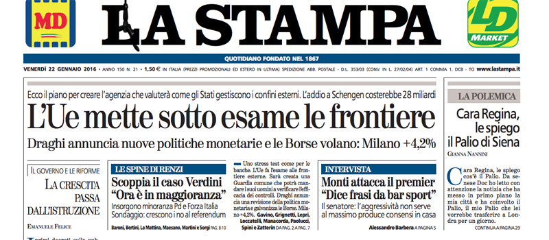 Le prime pagine di venerdì 22 gennaio 2016