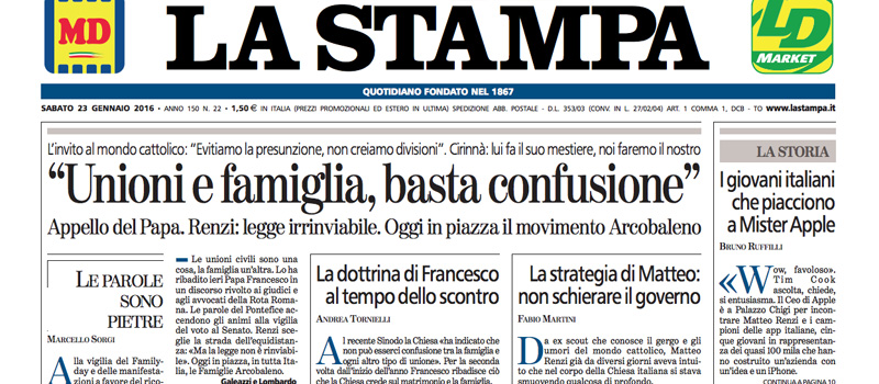 Le prime pagine di sabato 23 gennaio 2016