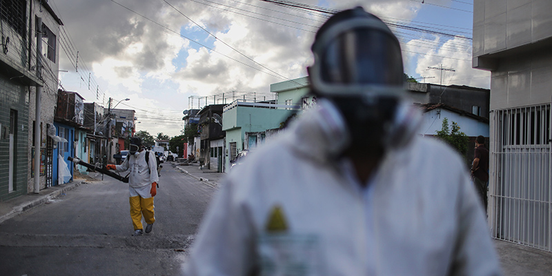 Una squadra di operatori sanitari al lavoro per fumigare i nidi delle zanzare in un quartiere di Recife, Brasile (Mario Tama/Getty Images)