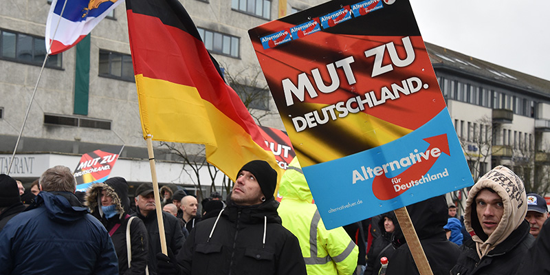 La manifestazione del partito anti-europeo Alternativa per la Germania (AfD) contro le politiche di accoglienza di Angela Merkel, Neubrandenburg, 30 gennaio 2016 (Bernd Settnik/picture-alliance/dpa/AP Images