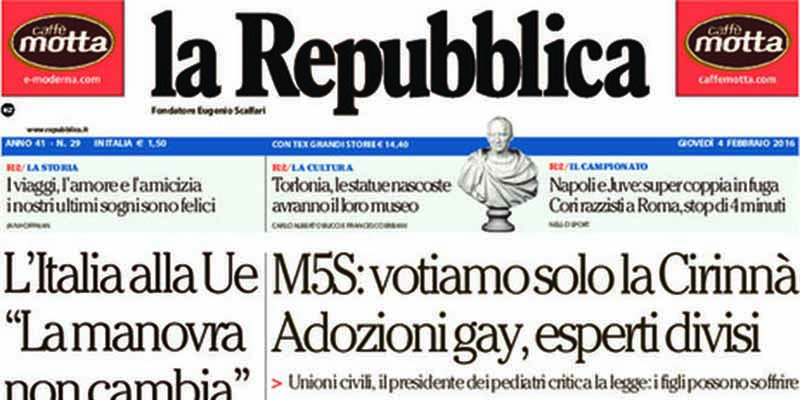 Le prime pagine di giovedì 4 febbraio 2016