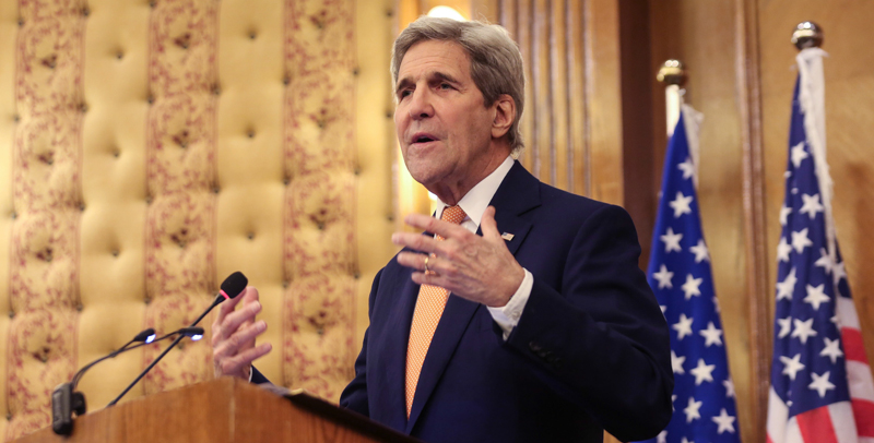 Il segretario di Stato americano John Kerry domenica 21 febbraio a Amman, in Giordania. (AP Photo/Raad Adayleh)