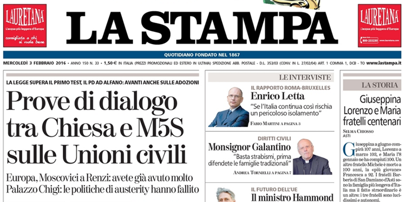 Le prime pagine di mercoledì 3 febbraio 2016