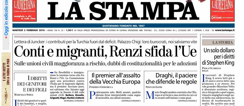 Le prime pagine di martedì 2 febbraio 2016