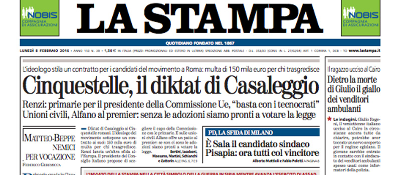 Le prime pagine di lunedì 8 febbraio 2016