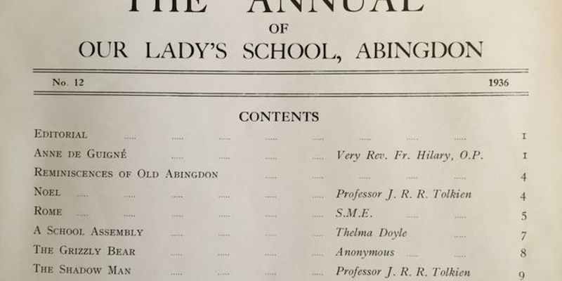 L'indice dell'annuario del 1936 della scuola cattolica di Abingdon Our Lady's, in cui compaiono due poesie di Tolkien (Our Lady's Abingdon)
