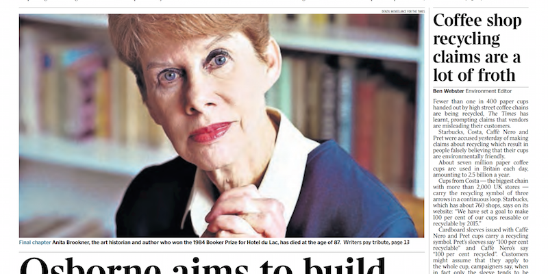 L'annuncio della morte della scrittrice Anita Brookner sull'edizione del 15 marzo 2016 del Times