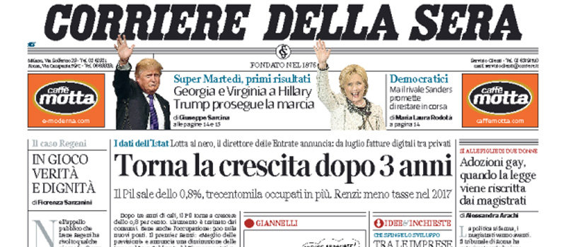 Le prime pagine di mercoledì 2 marzo 2016