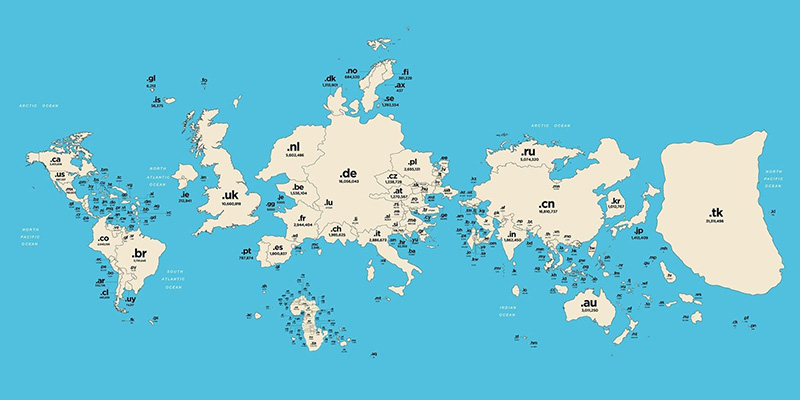 La mappa del mondo in base ai domini internet di ogni stato