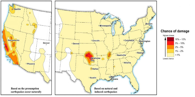 La mappa dello U.S. Geological Survey (USGS) che mostra il rischio di terremoti naturali e provocati dall'uomo negli Stati Uniti per il 2016 (gentile concessione dello USGS)