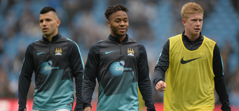 Sergio Aguero, Raheem Sterling e Kevin De Bruyne del Manchester City. (OLI SCARFF/AFP/Getty Images)