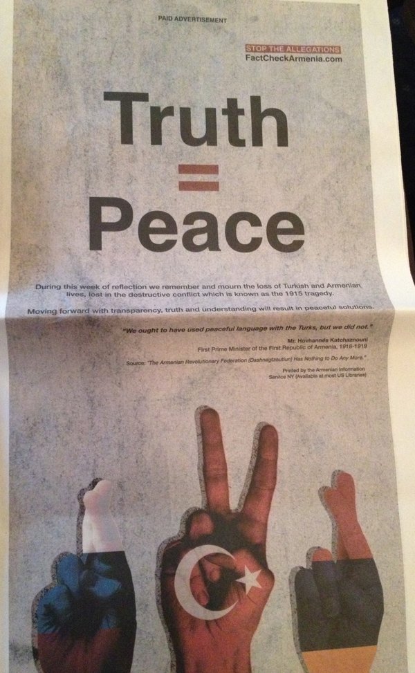 Sul Wall Street Journal di ieri c’era un’enorme pubblicità che negava il genocidio degli armeni