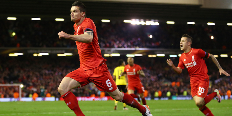 Il difensore del Liverpool Dejan Lovren dopo aver segnato il quarto gol (Clive Brunskill/Getty Images)