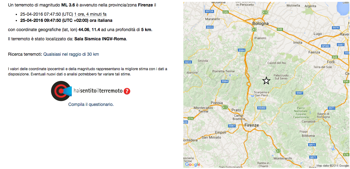 C'è stata una scossa di terremoto di magnitudo 3.6 in provincia di Firenze
