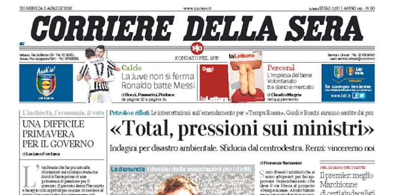 Le prime pagine di domenica 3 aprile 2016