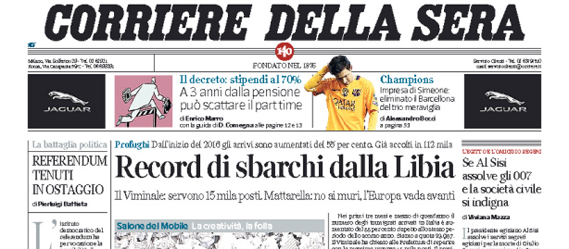 Le prime pagine di giovedì 14 aprile 2016