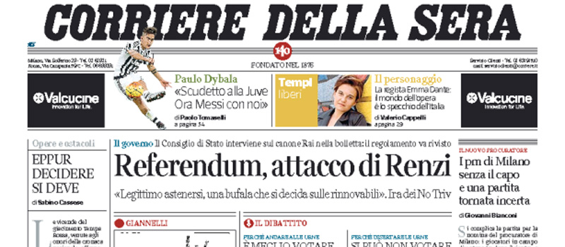Le prime pagine di venerdì 15 aprile 2016