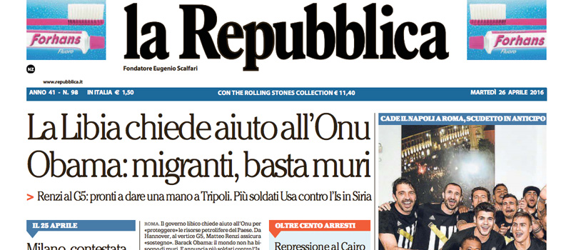 Le prime pagine di martedì 26 aprile 2016
