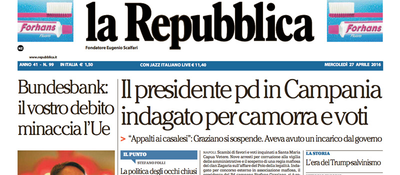 Le prime pagine di mercoledì 27 aprile 2016