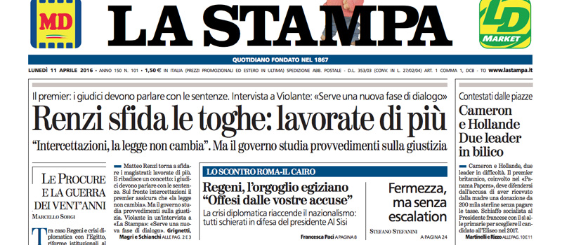 Le prime pagine di lunedì 11 aprile 2016