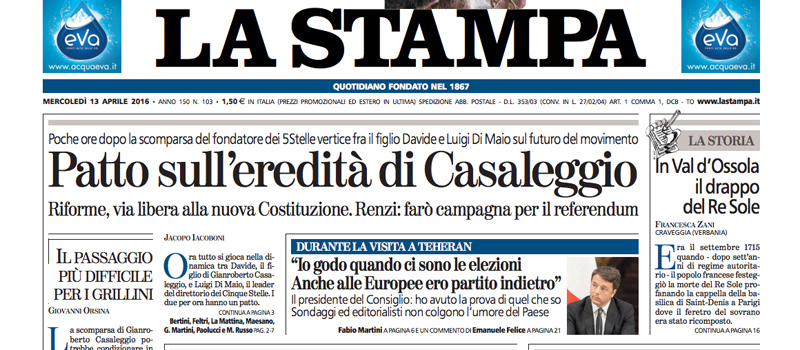 Le prime pagine di mercoledì 13 aprile 2016