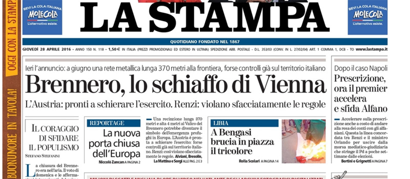 Le prime pagine di giovedì 28 aprile 2016