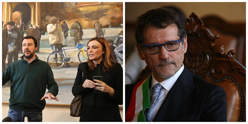 Matteo Salvini con la la candidata sindaco a Bologna Lucia Borgonzoni e l'attuale sindaco Virginio Merola (ANSA)