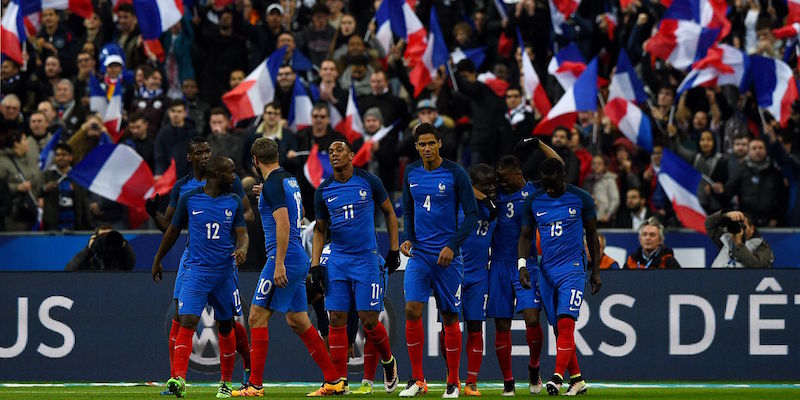 I giocatori della Francia dopo un gol segnato in amichevole (FRANCK FIFE/AFP/Getty Images)