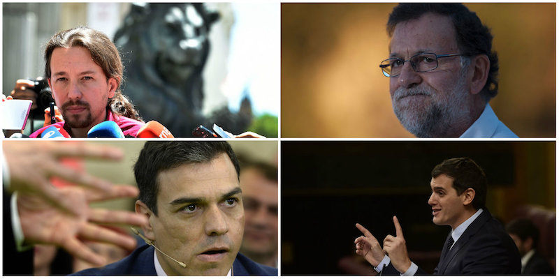 Da sinistra a destra e dall'alto in basso: Pablo Iglesias (GERARD JULIEN/AFP/Getty Images), Mariano Rajoy (JORGE GUERRERO/AFP/Getty Images), Pedro Sanchez (MIGUEL RIOPA/AFP/Getty Images) e Albert Rivera (PIERRE-PHILIPPE MARCOU/AFP/Getty Images)