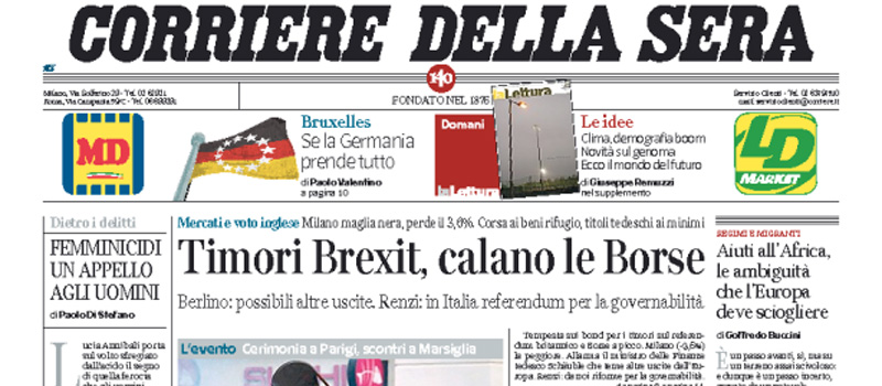 Le prime pagine di sabato 11 giugno 2016