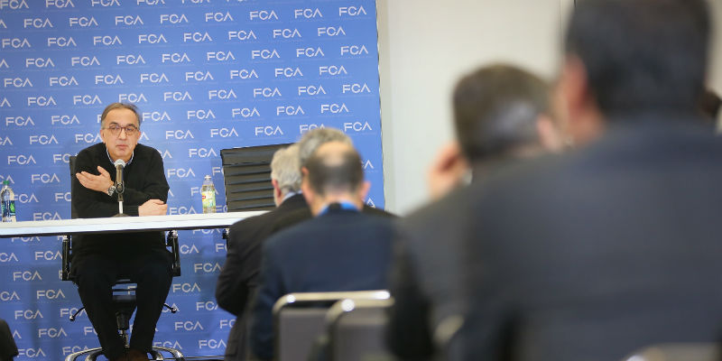 L'amministratore delegato di Fiat Chrysler Sergio Marchionne durante una conferenza stampa al North American International Auto Show, a Detroit, in Michigan, l'11 gennaio 2016 (Scott Olson/Getty Images)