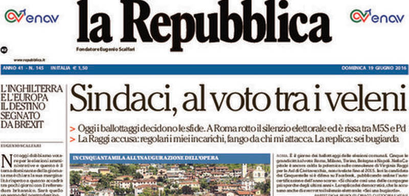Le prime pagine di domenica 19 giugno 2016