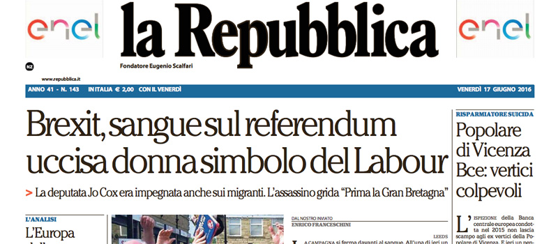 Le prime pagine di venerdì 17 giugno 2016