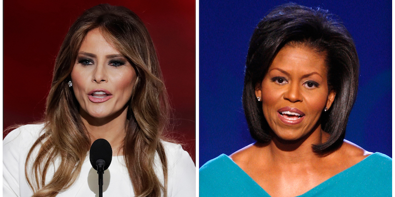 Melania Trump nel 2016 e Michelle Obama nel 2008. (AP Photos)