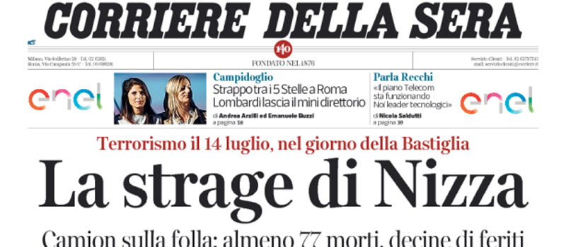 Le prime pagine di venerdì 15 luglio 2016