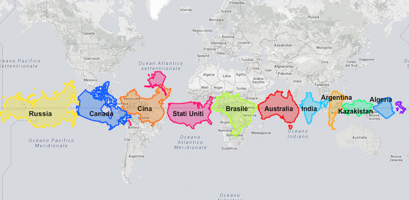 Le dimensioni dei 10 paesi più grandi del mondo come apparirebbero sulle cartine di Mercatore se fossero alla stessa latitudine (The True Size)