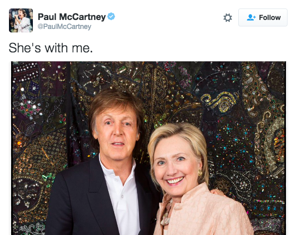 Il tweet di Paul McCartney per Hillary Clinton