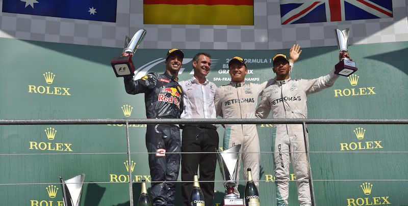 Nico Rosberg, Daniel Ricciardo e Lewis Hamilton sul podio del circuito di Spa (LOIC VENANCE/AFP/Getty Images)