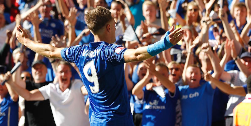 L'attaccante inglese Jamie Vardy durante la FA Community Shield persa contro il Manchester United (IAN KINGTON/AFP/Getty Images)