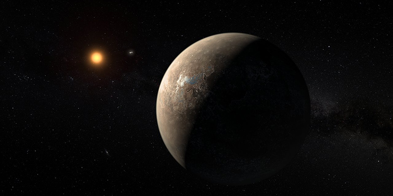 Una rappresentazione artistica di Proxima Centauri b, il punto arancione è la sua stella Proxima Centauri (ESO)