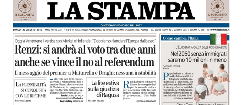 Le prime pagine di lunedì 22 agosto 2016