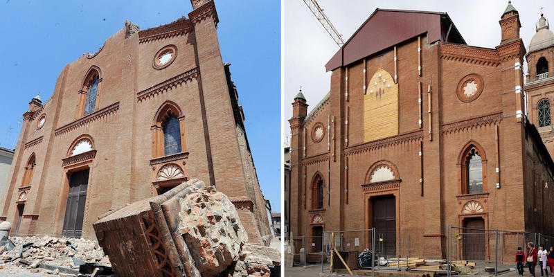 Il Duomo di Mirandola, in provincia di Modena: a sinistra dopo il terremoto del 2012, a destra con la copertura metallica provvisoria nel 2014 (ANSA/ELISABETTA BARACCHI)
