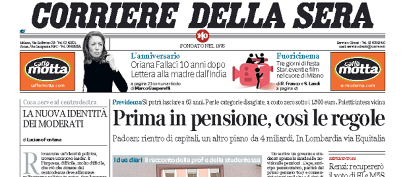 Le prime pagine di martedì 13 settembre 2016