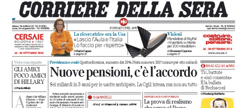 Le prime pagine di giovedì 29 settembre 2016