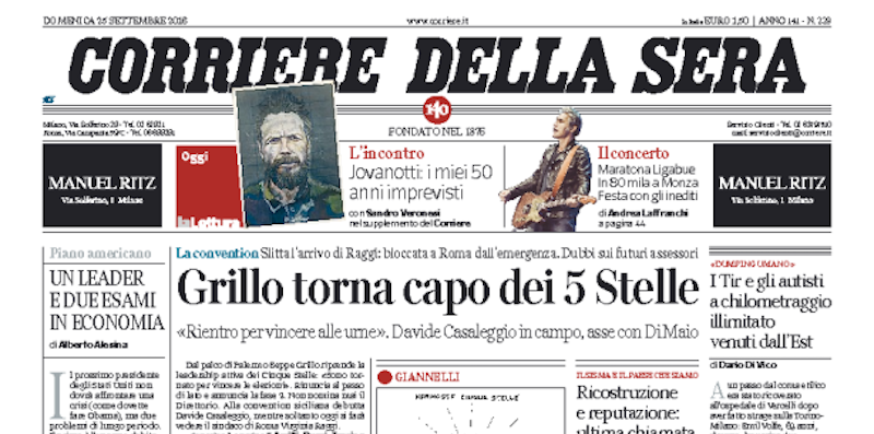 Le prime pagine di domenica 25 settembre 2016